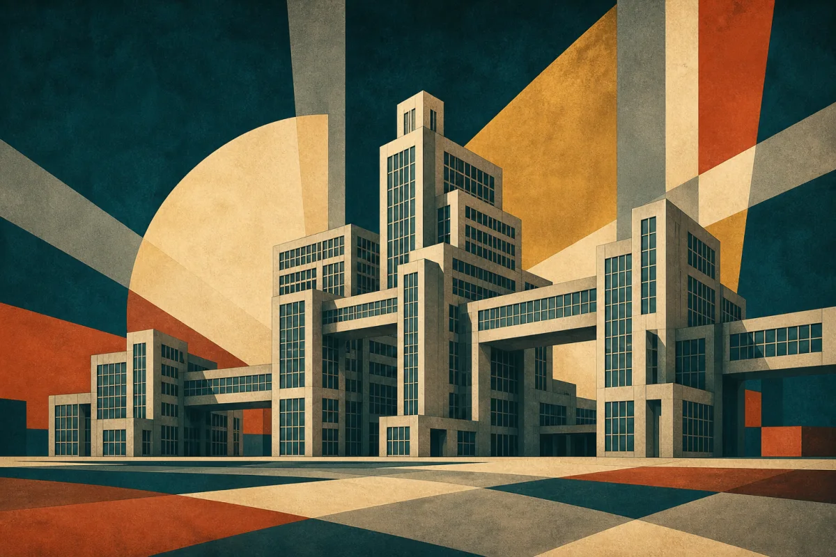 Авторська редакційна ілюстрація ритму корпусів, переходів і відкритого простору в образі харківського конструктивізму