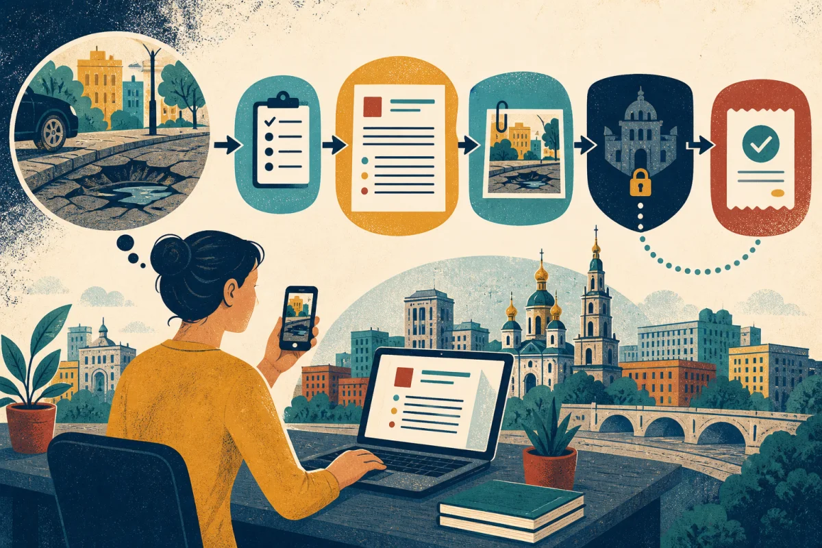 Авторська редакційна ілюстрація мешканки, яка перетворює одну міську проблему на послідовне електронне звернення з додатком і підтвердженням