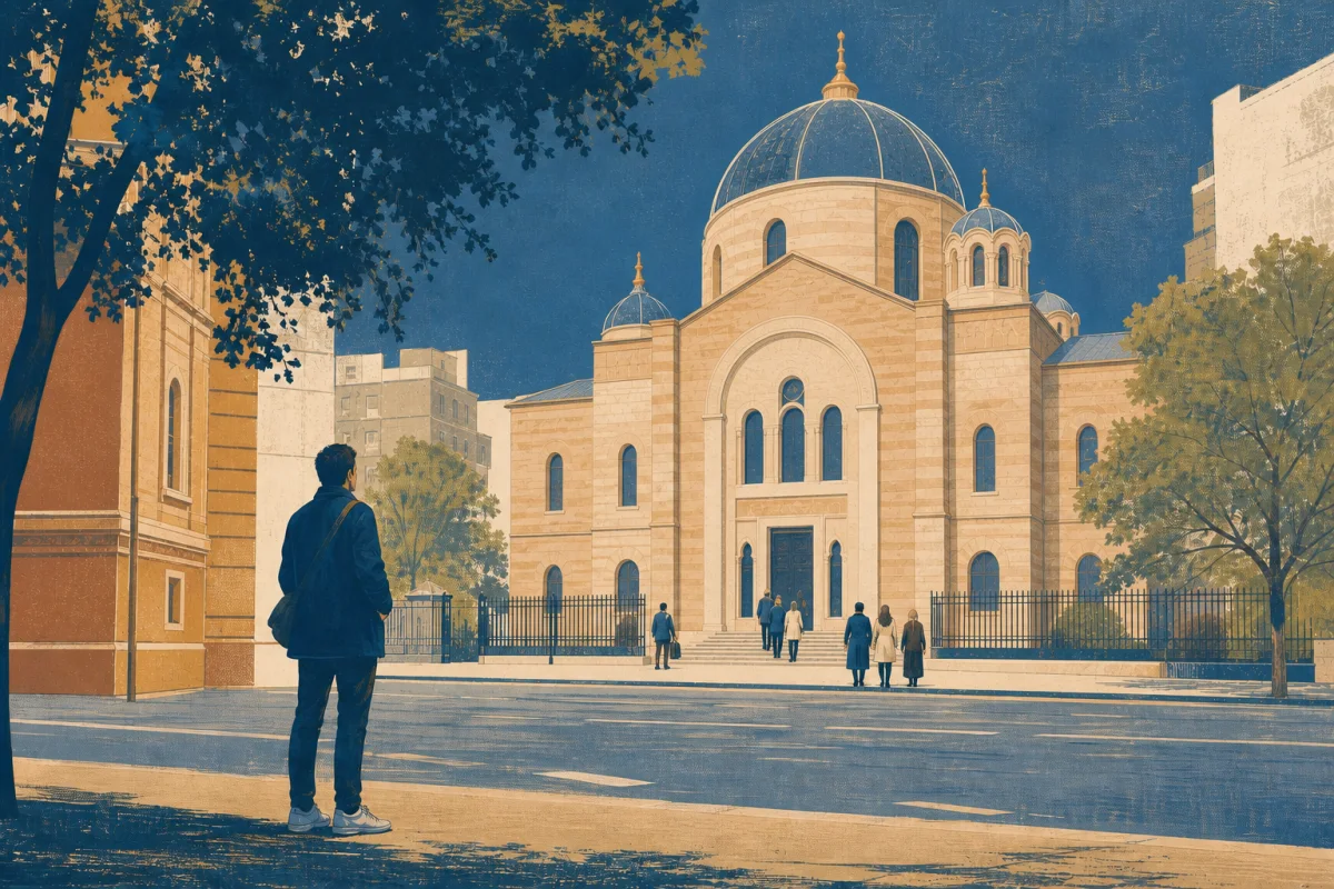 Авторська редакційна ілюстрація перехожого, який розглядає умовну велику сакральну будівлю з протилежного боку відкритої міської вулиці