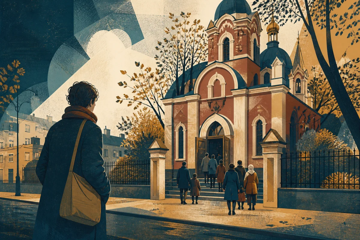 Авторська редакційна ілюстрація перехожого, який із громадської вулиці спостерігає, як невелика громада входить до умовного районного храму на конкретну подію