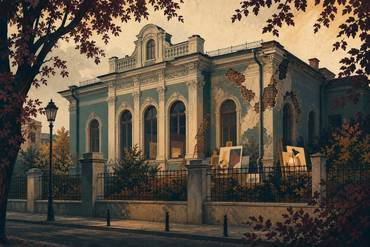 Авторська ілюстрація пошкодженого історичного особняка культурної установи, видимого з-за огорожі