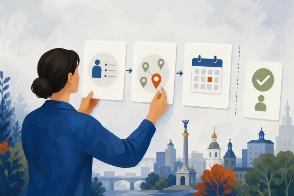 Авторська ілюстрація вибору точної послуги, одного сервісного центру й доступного часу перед підтвердженням запису