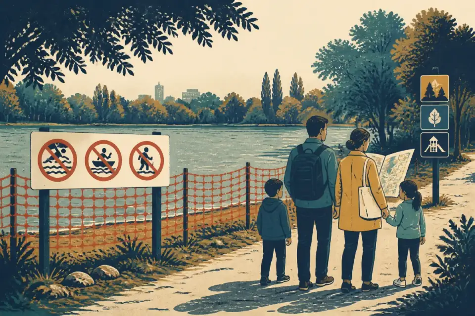Авторська редакційна ілюстрація родини біля водної території, відмежованої знаками заборони купання, водних розваг і спорту, яка обирає інший план