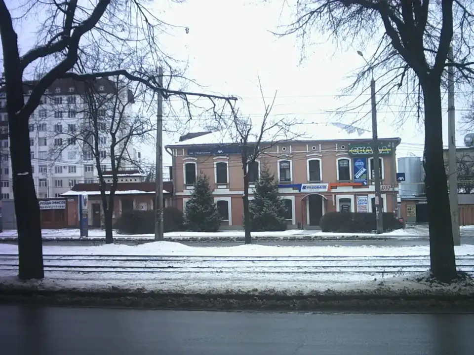 Двоповерховий цегляний фасад із номером 133, крамничними вивісками, деревами, трамвайними коліями та снігом; людей у кадрі немає